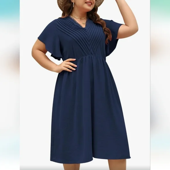 Navy V-Neck Flutter Sleeve Dress - Picture 4 of 10